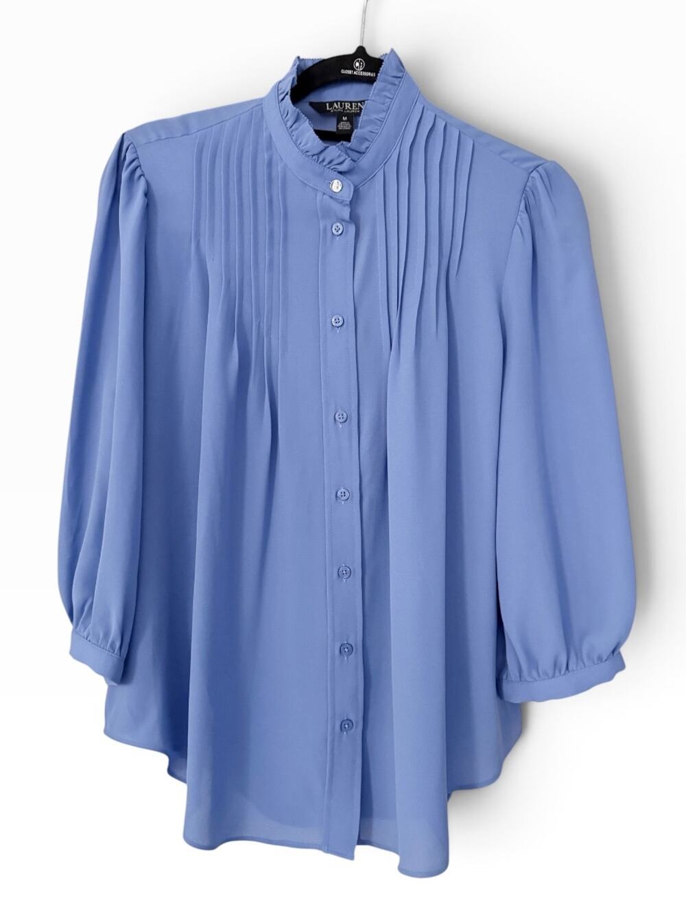 Lauren Ralph Lauren Ruffle Pintuck Blouse Blue 3/4 Sleeve Gold Logo Button M